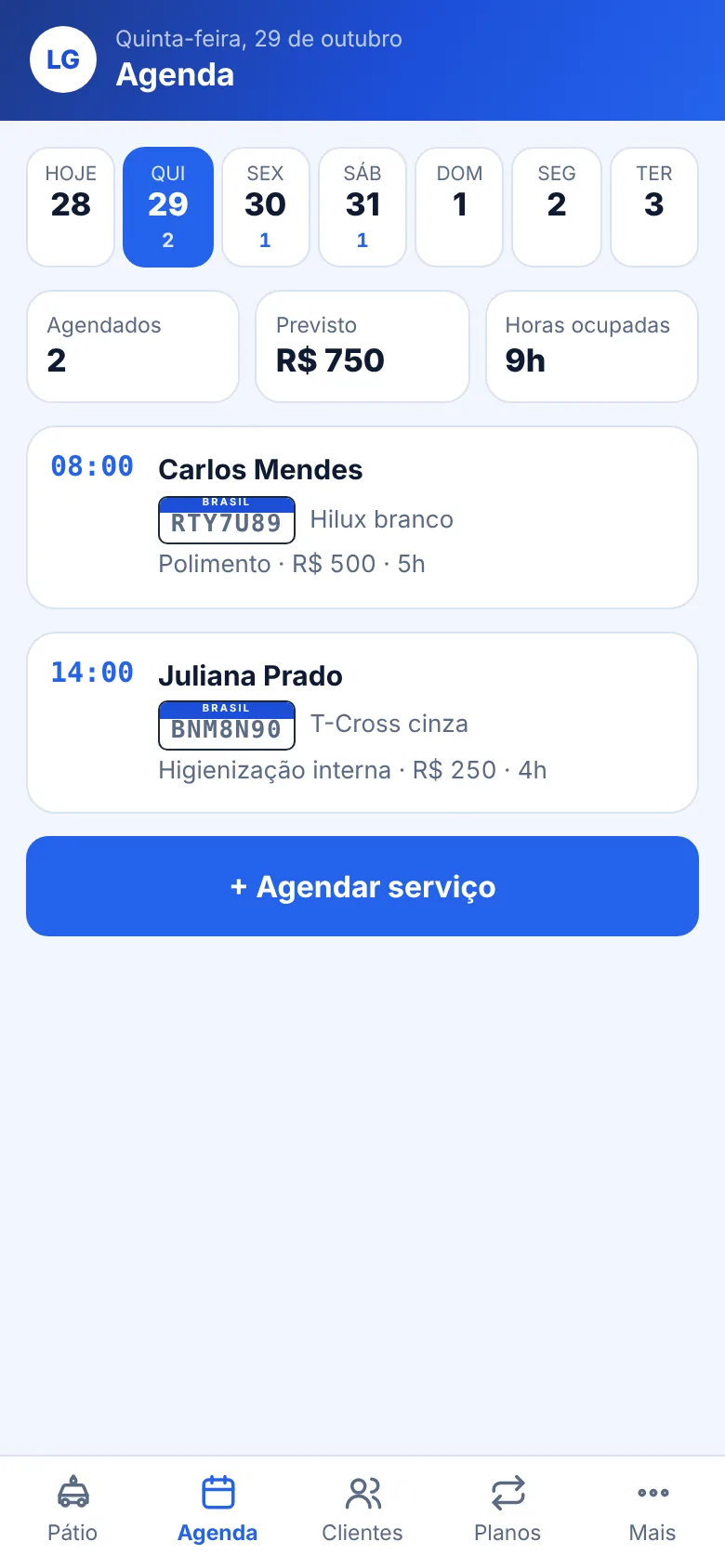 Agenda de serviços do lava-rápido