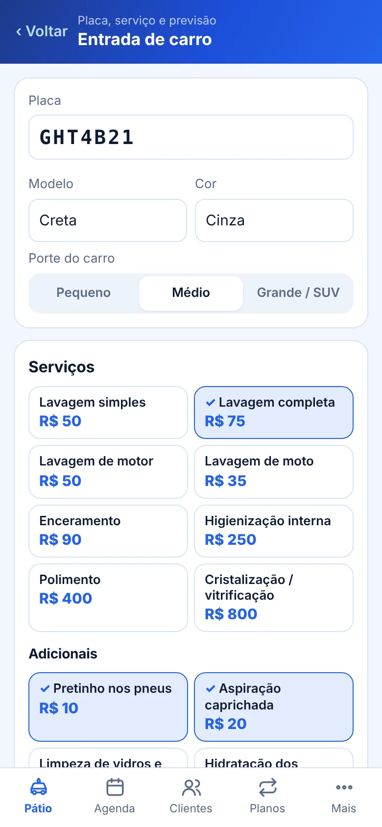 Entrada de carro com serviços e preços por porte